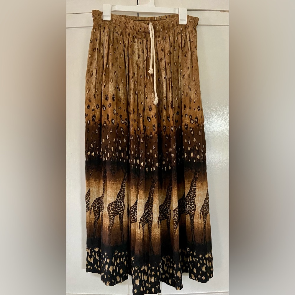 Vintage Safari Animal Mixed Print Leopard Giraffe Maxi Skirt Boho Novelty